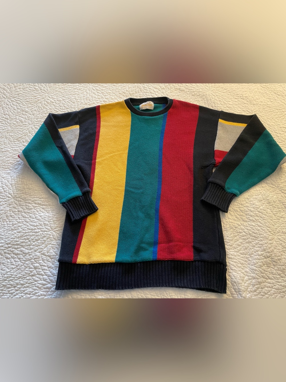 Men's Vintage 80s Stripe Crewneck Sweater - Bold Colorblock Cotton Knit size M